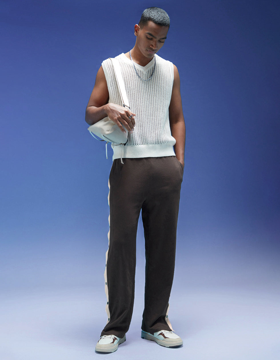 Brown and Beige Side Stripe Button Detail Knitted Cargo