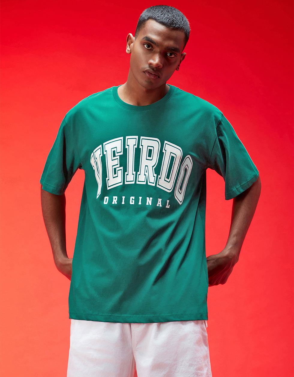 Veirdo Original Green Oversized Typography Brand Printed T-shirt
