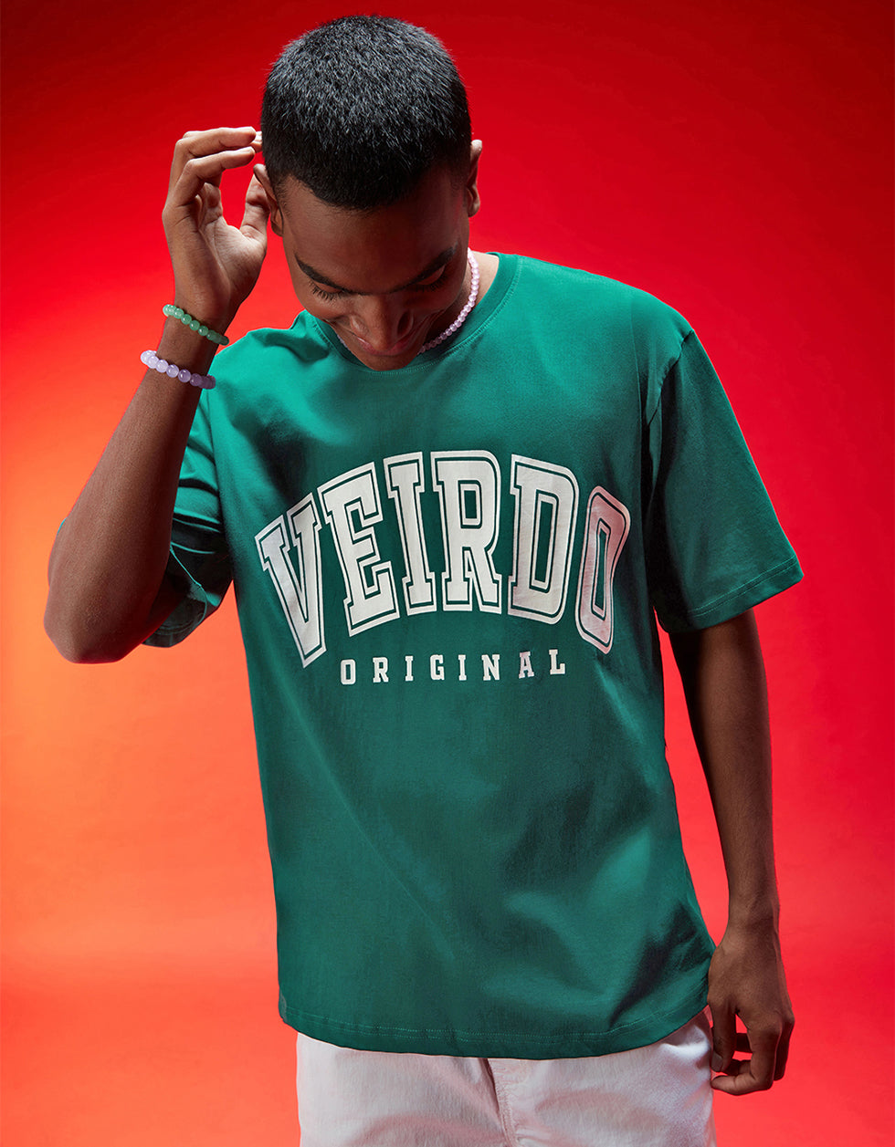 Veirdo Original Green Oversized Typography Brand Printed T-shirt