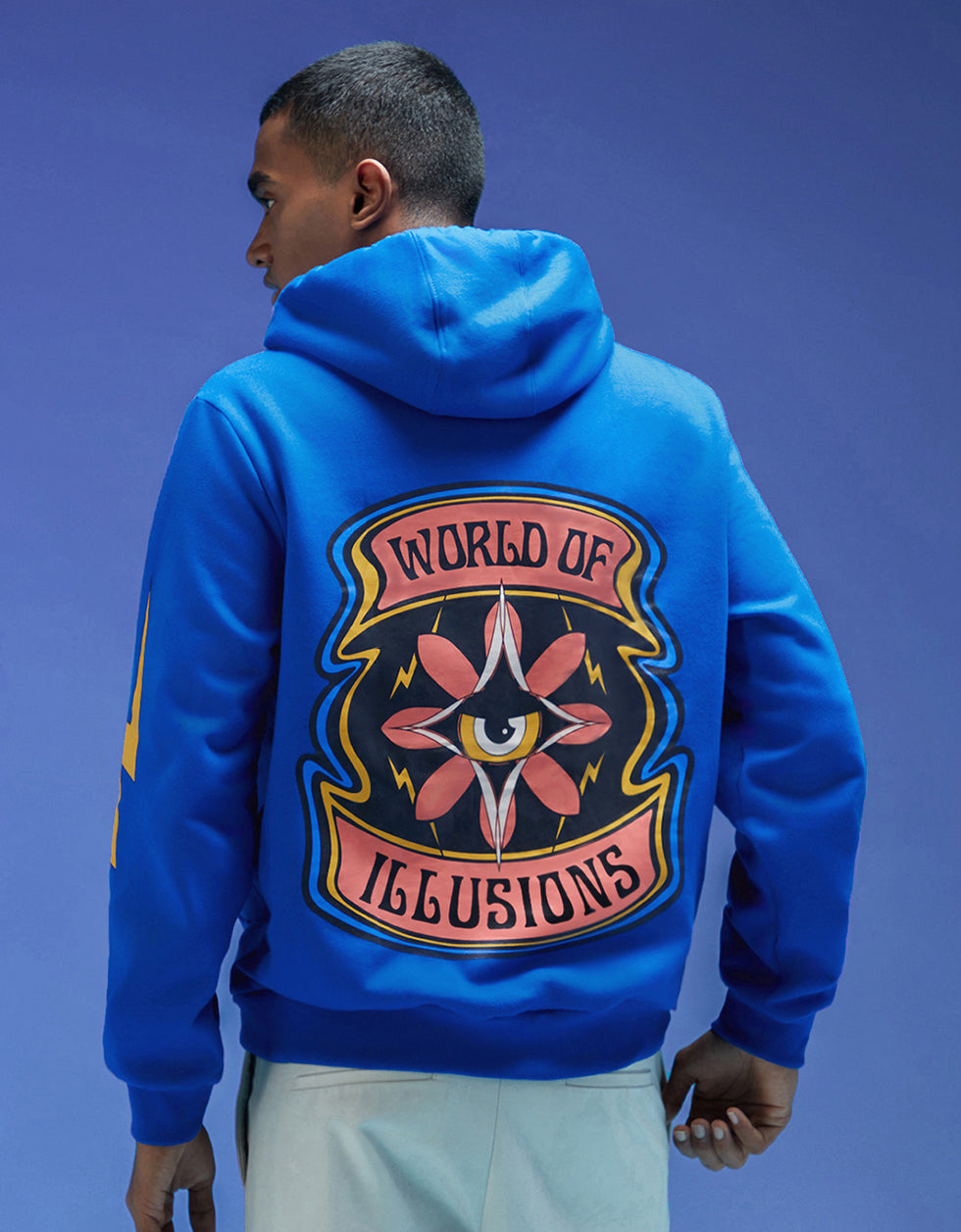 World of Illusions Blue Back Printed Regular Fit Hoodie