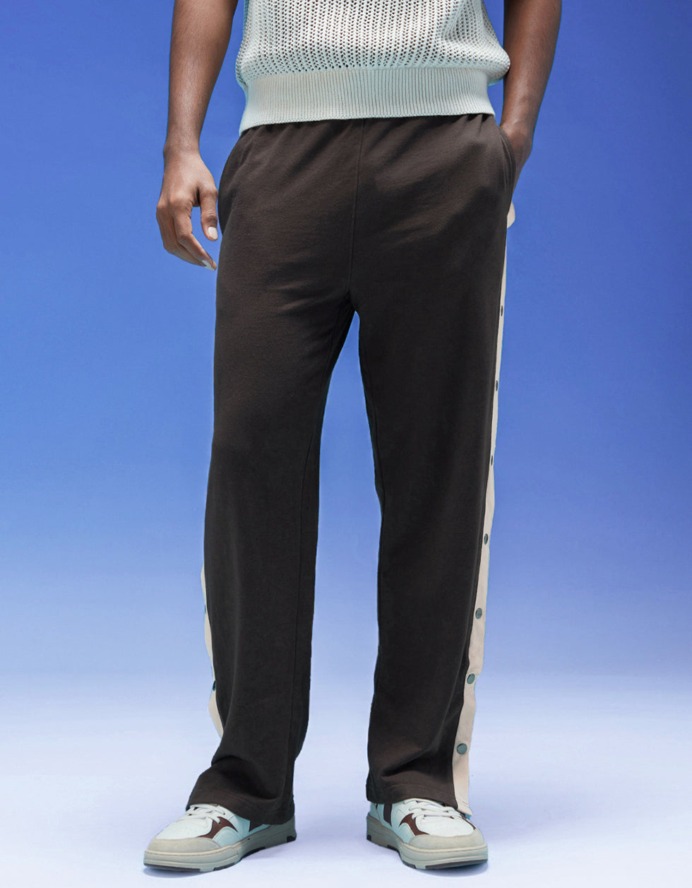 Brown and Beige Side Stripe Button Detail Knitted Cargo