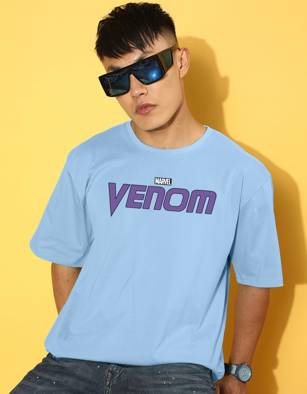 Venom Marvel Blue Oversized Graphic Printed T-shirt