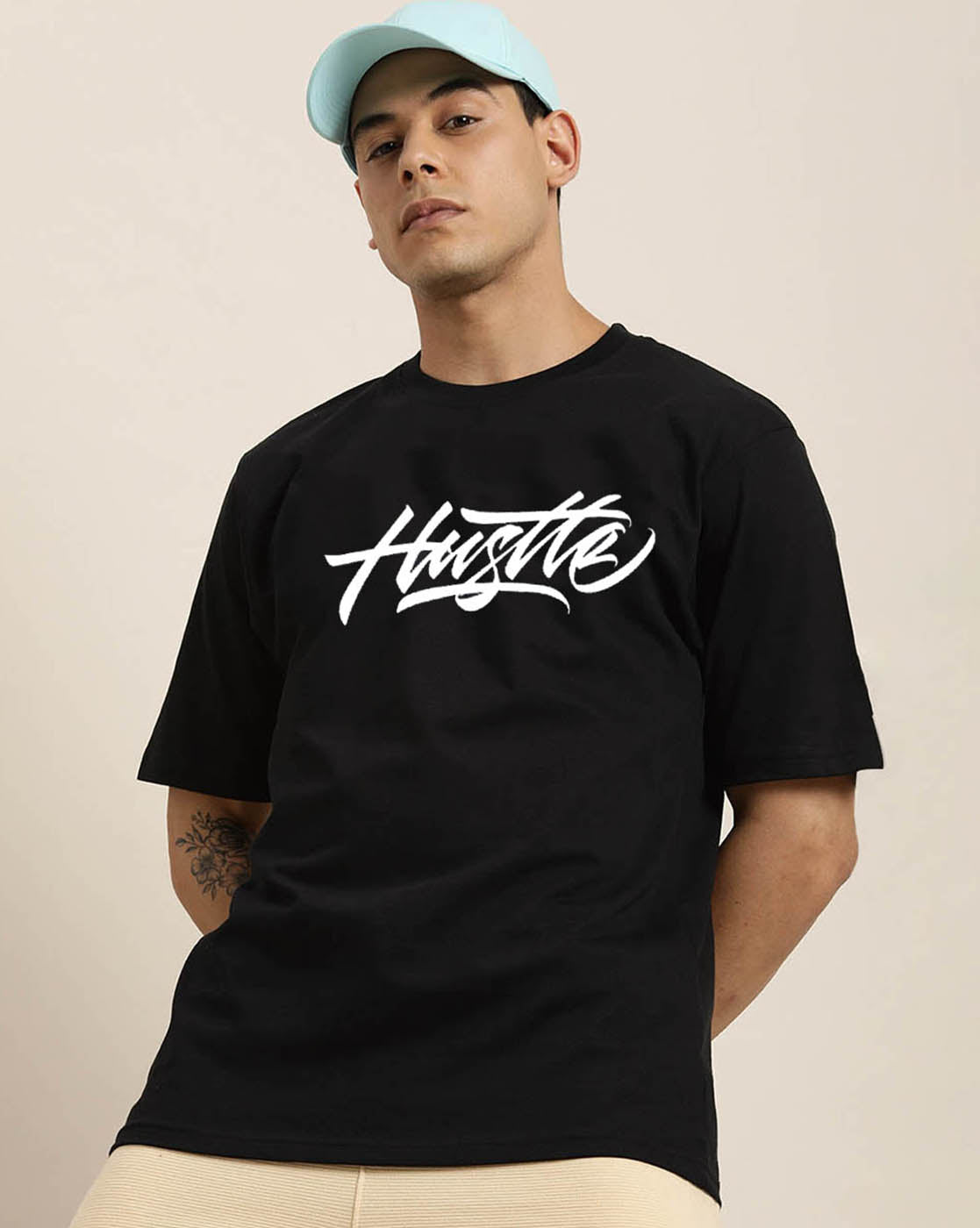 Hustle Black Oversized Back Graphic Printed T-shirt