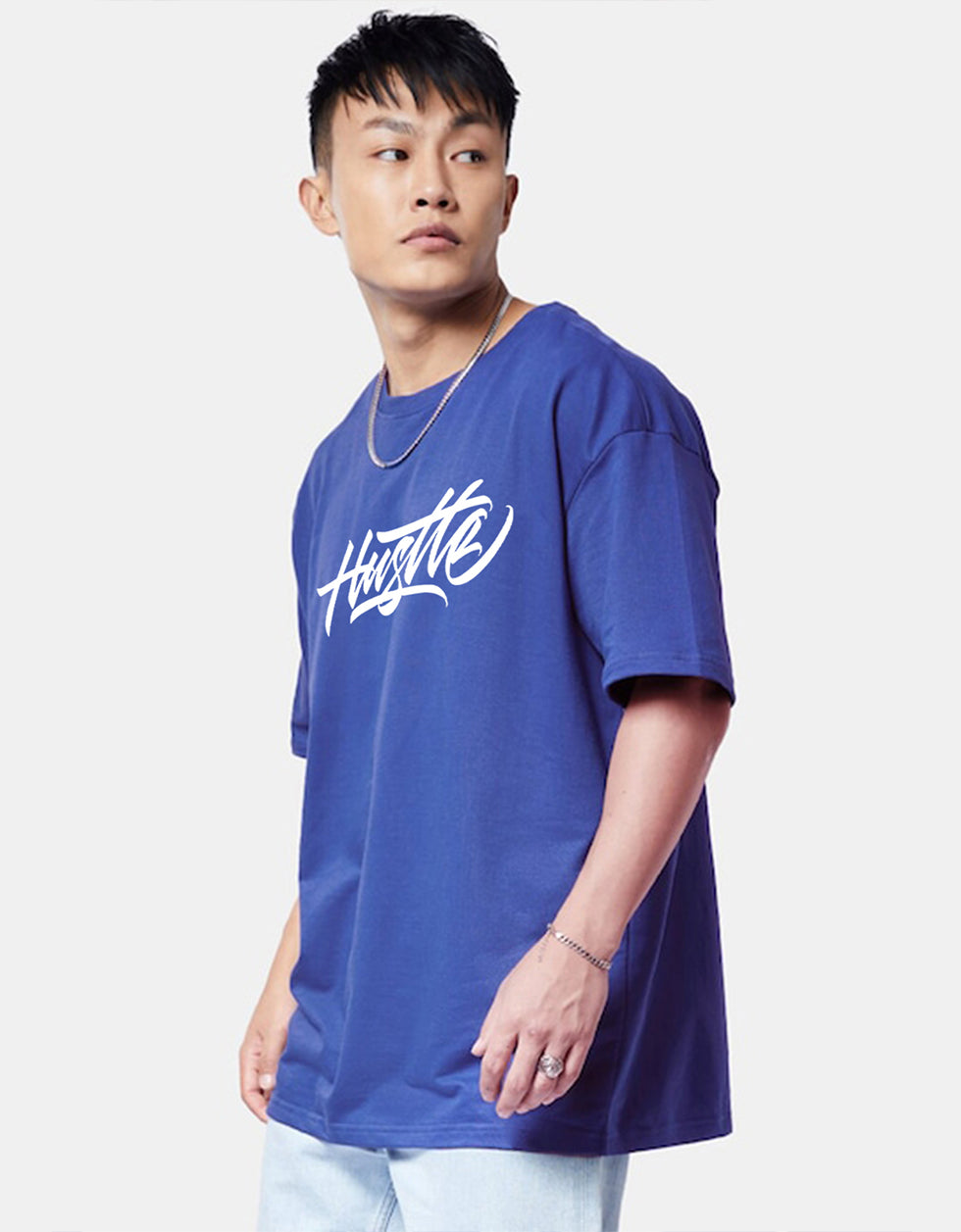 HUSTLE Blue Oversized Graphic Back Printed T-shirt