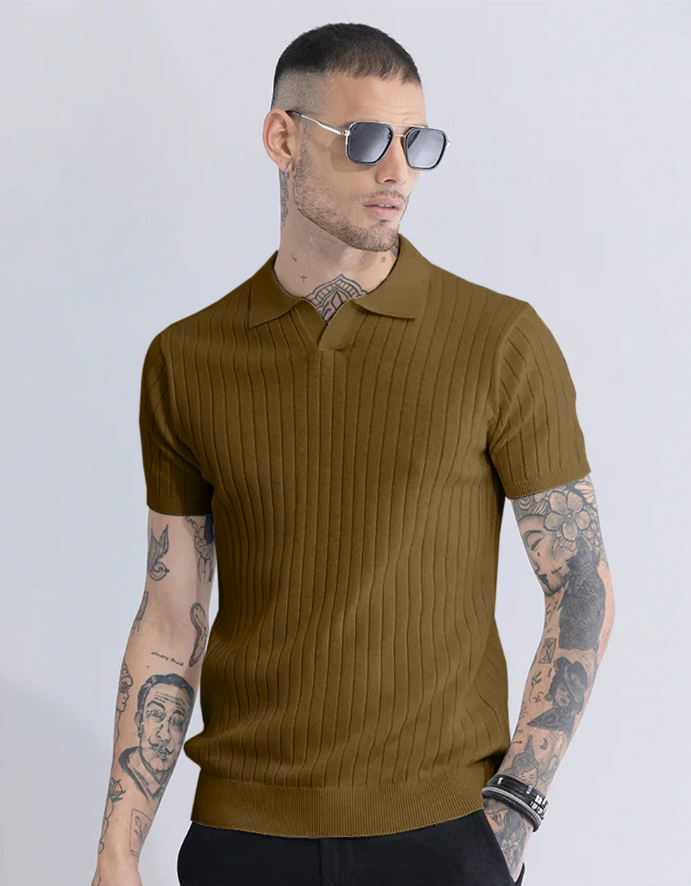 Khakhi Ribbed Flatknit Textured Regular Fit Exclusive Polo T-Shirt