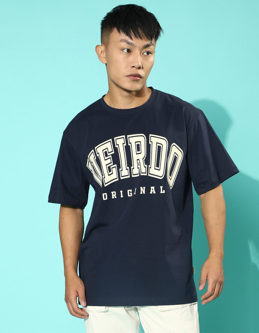 Veirdo Original Navy Oversized Typography Brand Printed T-shirt