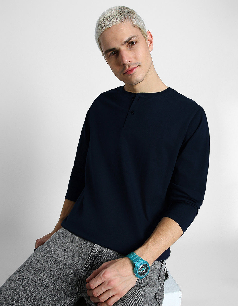 Henley Navy Solid T-shirt