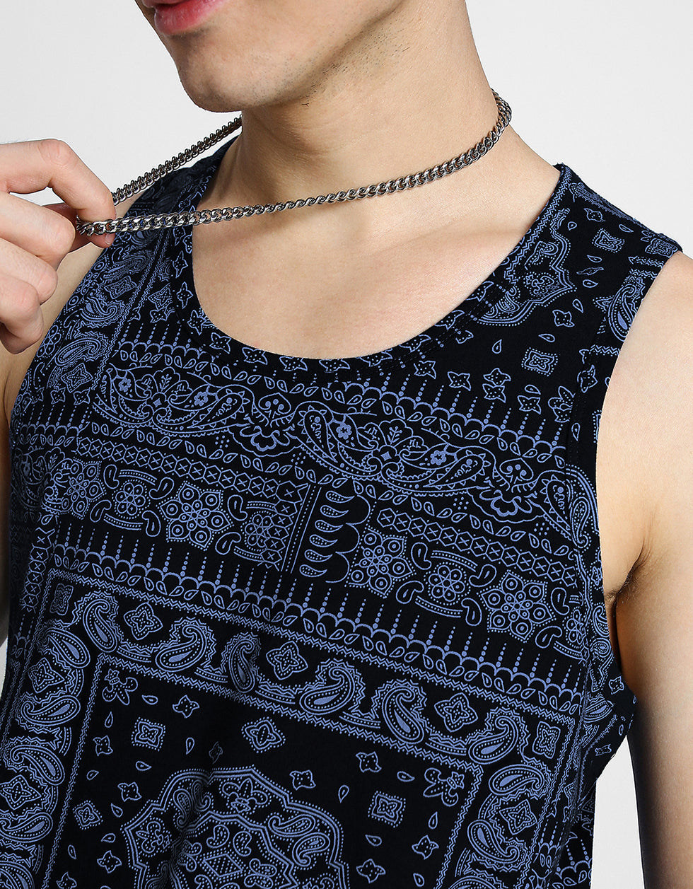 Navy Bandhana Printed Gym Vest
