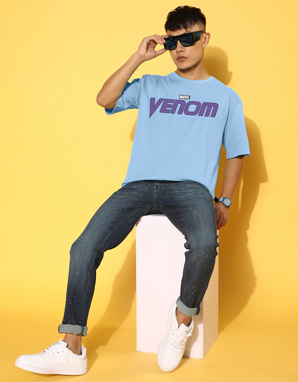 Venom Marvel Blue Oversized Graphic Printed T-shirt