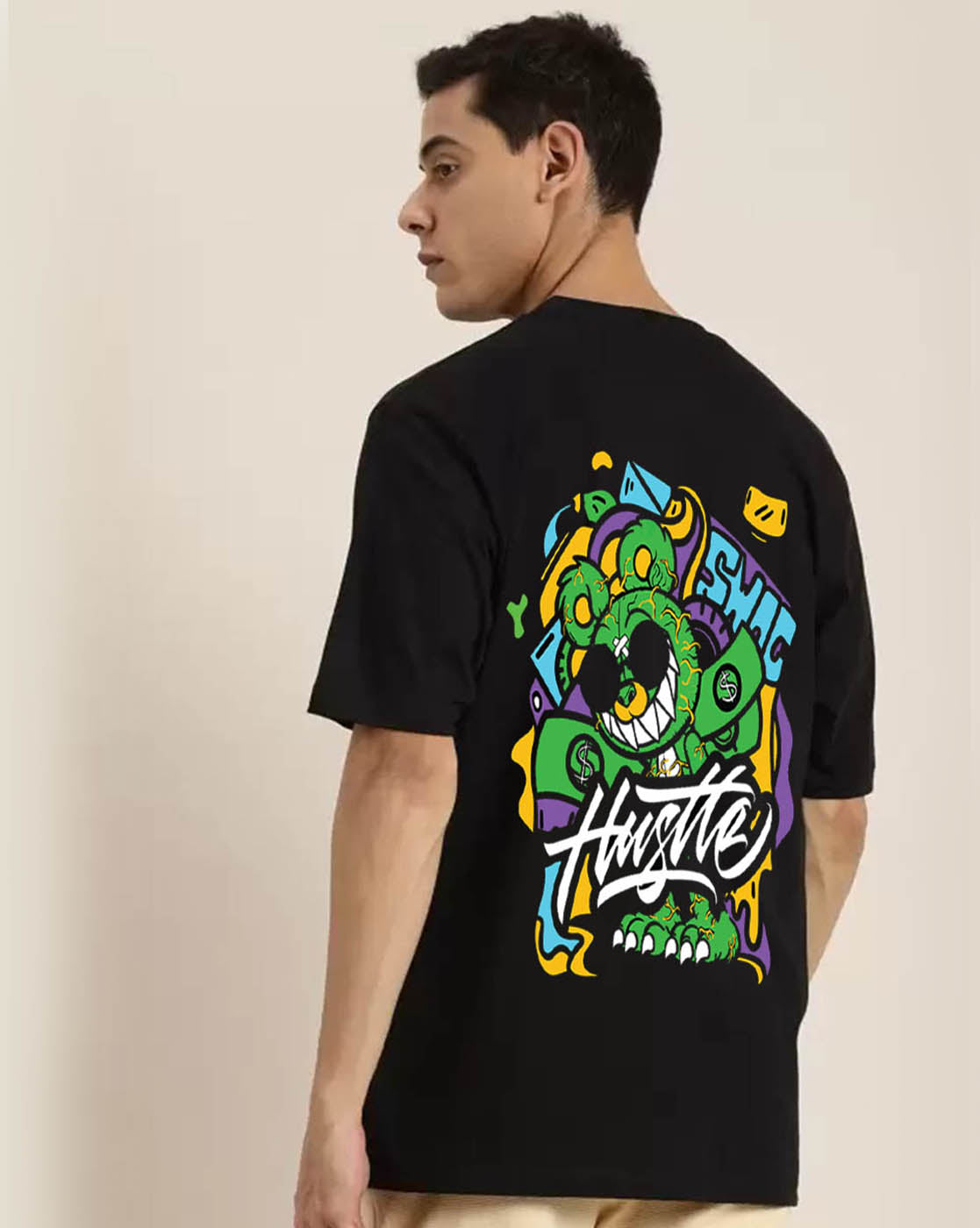 Hustle Black Oversized Back Graphic Printed T-shirt