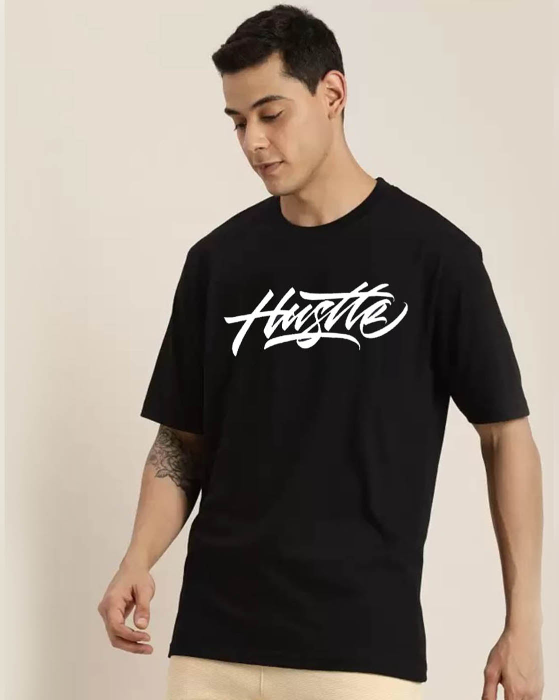 Hustle Black Oversized Back Graphic Printed T-shirt