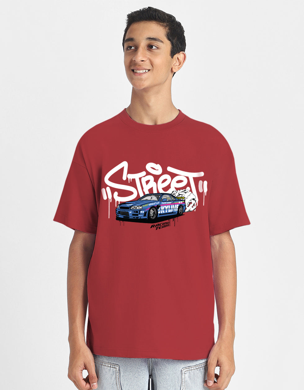 Street Racing Red Oversized Graphic Printed Boys T-shirt