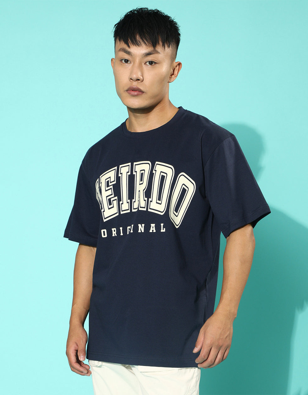 Veirdo Original Navy Oversized Typography Brand Printed T-shirt
