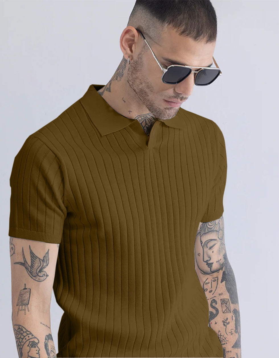 Khakhi Ribbed Flatknit Textured Regular Fit Exclusive Polo T-Shirt