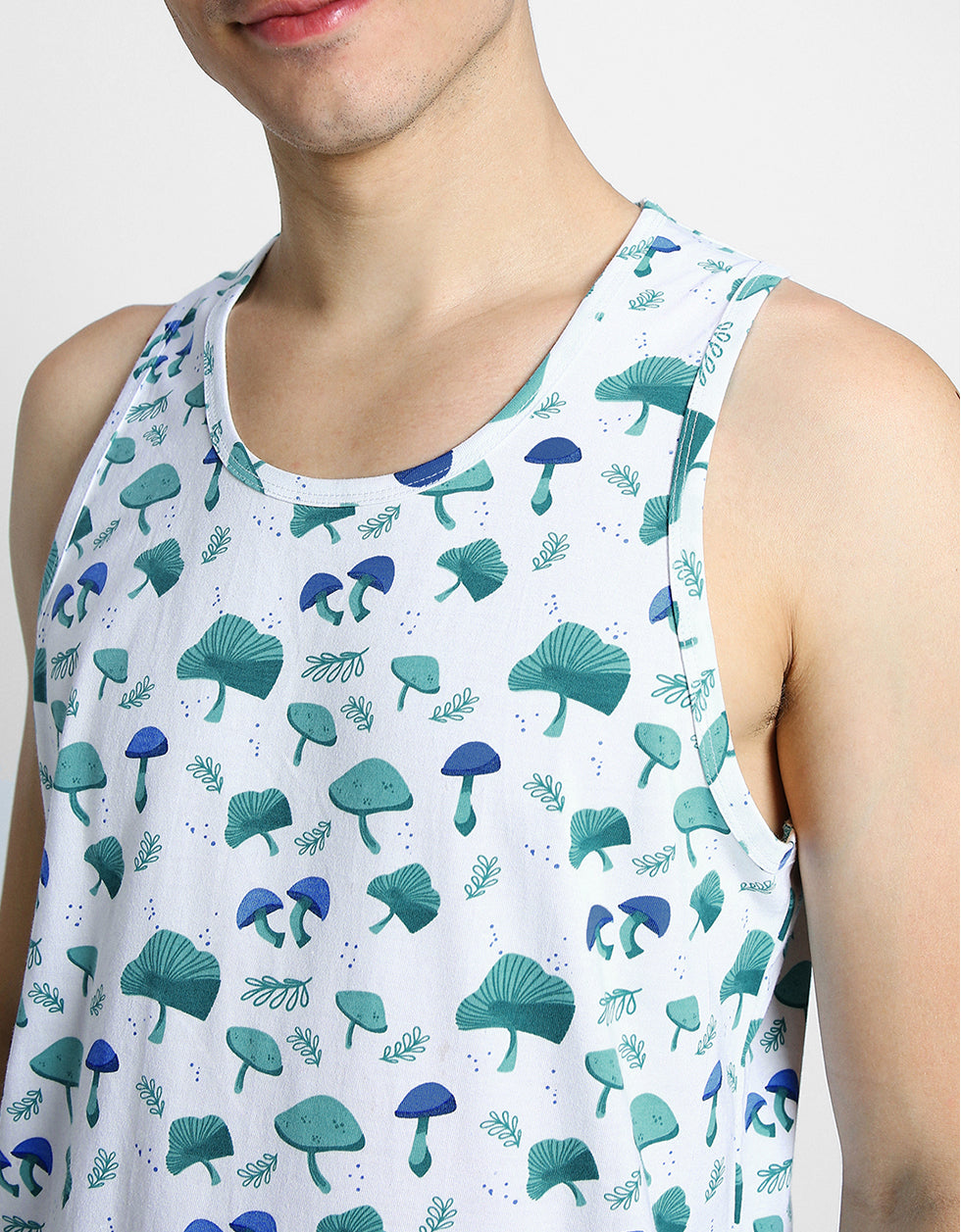 White & Blue Mushroom Printed Gym Vest
