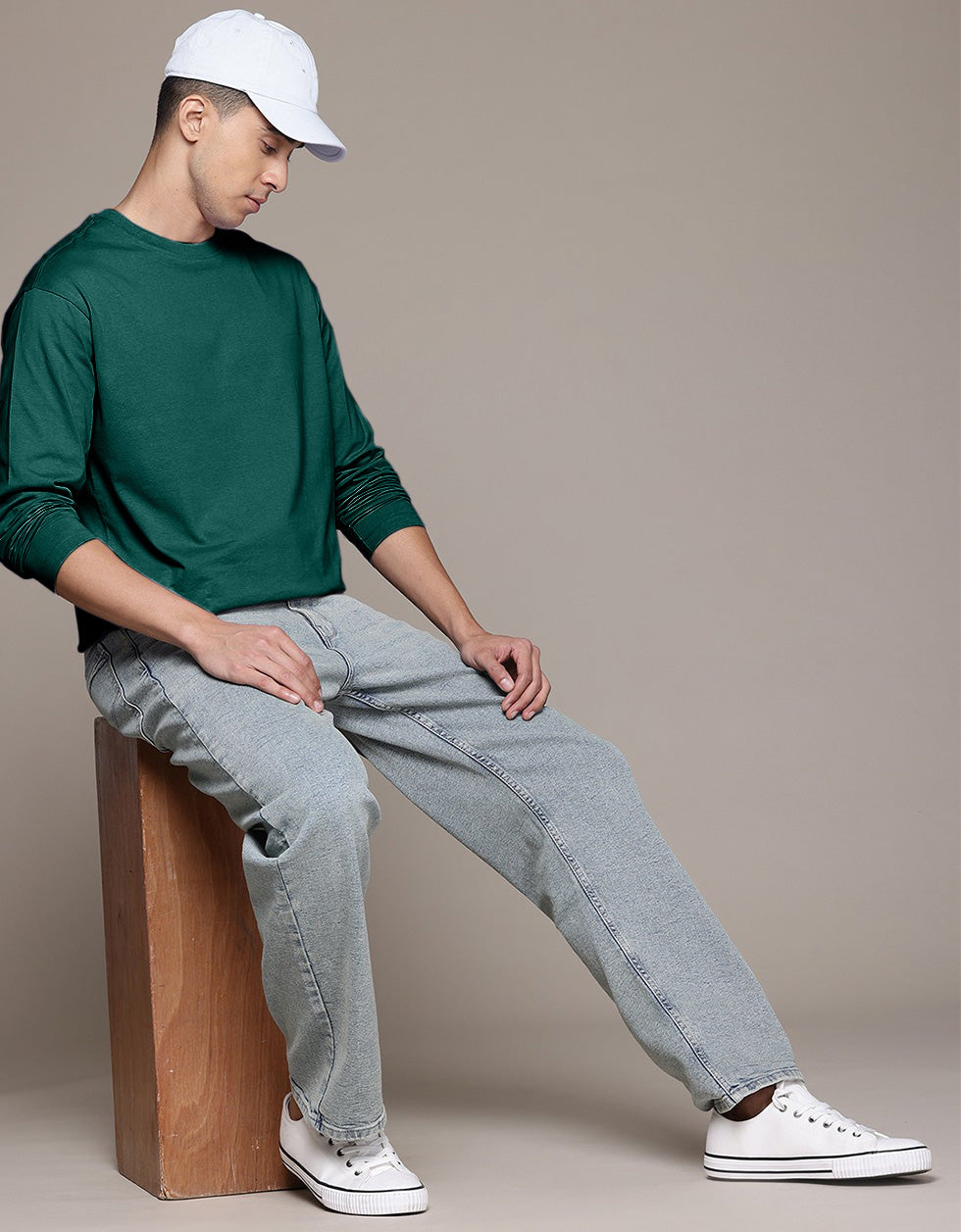 Green Plain Full Sleeves Regular Fit T-shirt