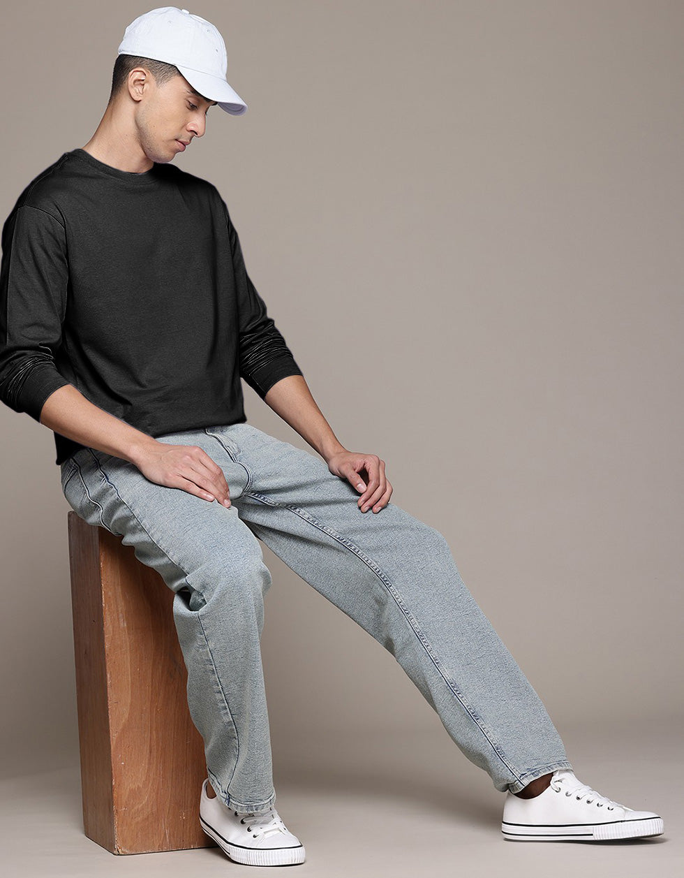 Black Plain Full Sleeves Regular Fit T-shirt