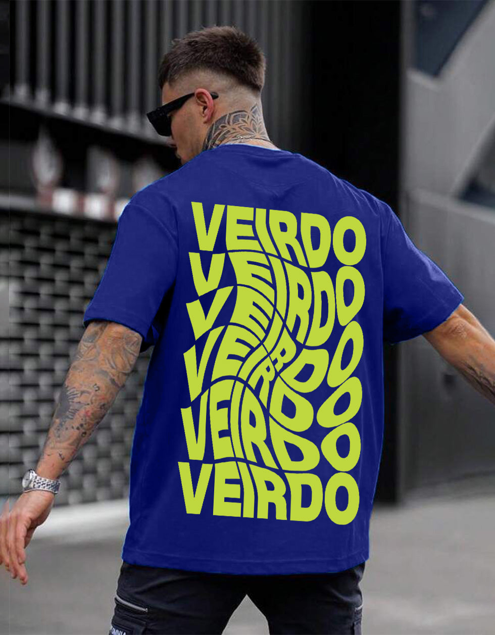 Veirdo Blue Oversized Back Graphic Printed T-shirt