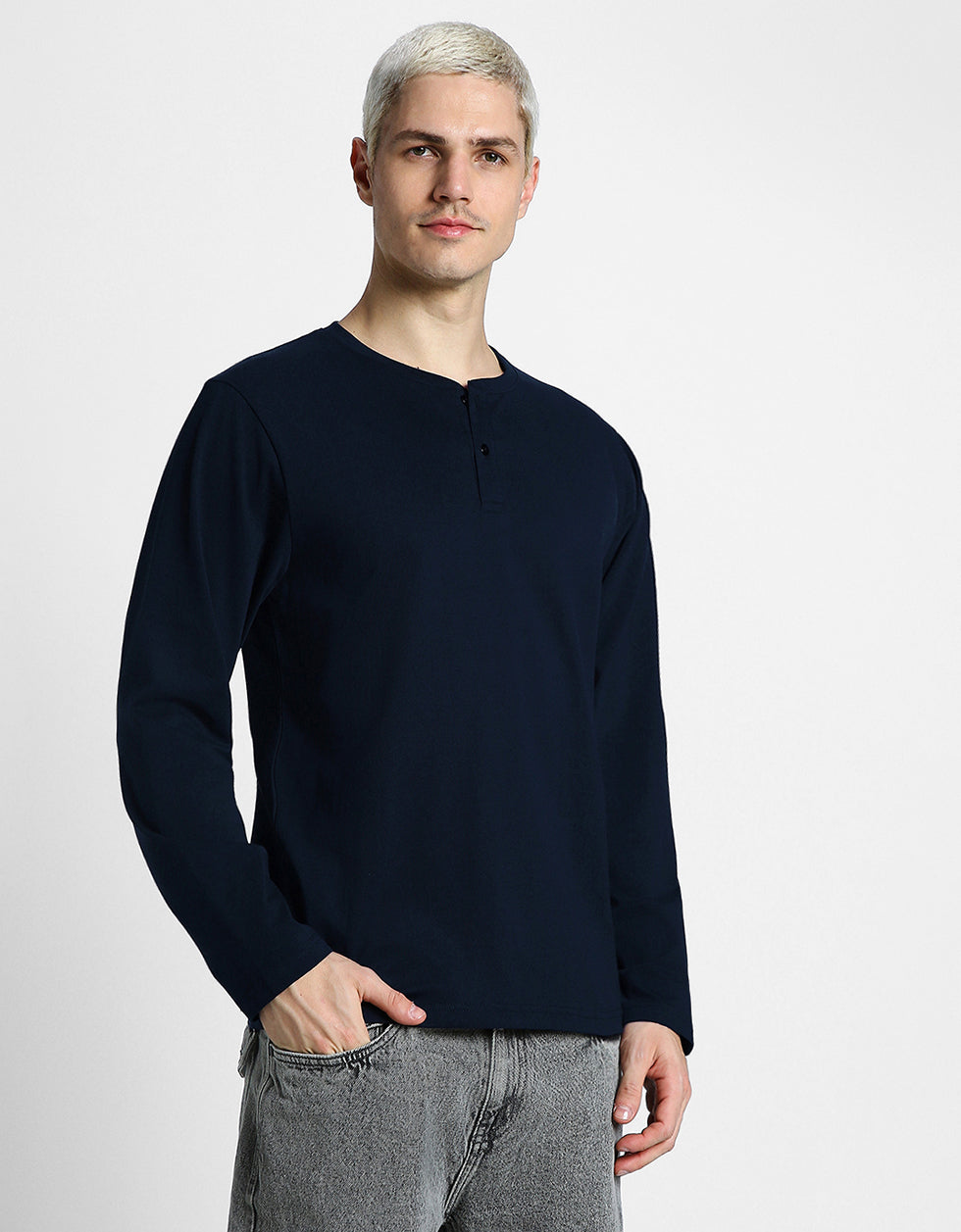 Henley Navy Solid T-shirt