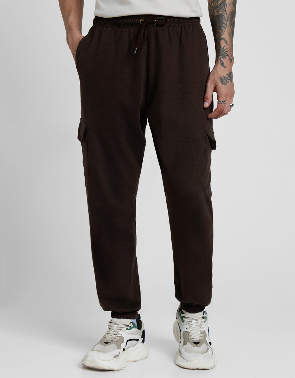 Brown Solid Baggy Fit Cargo Joggers