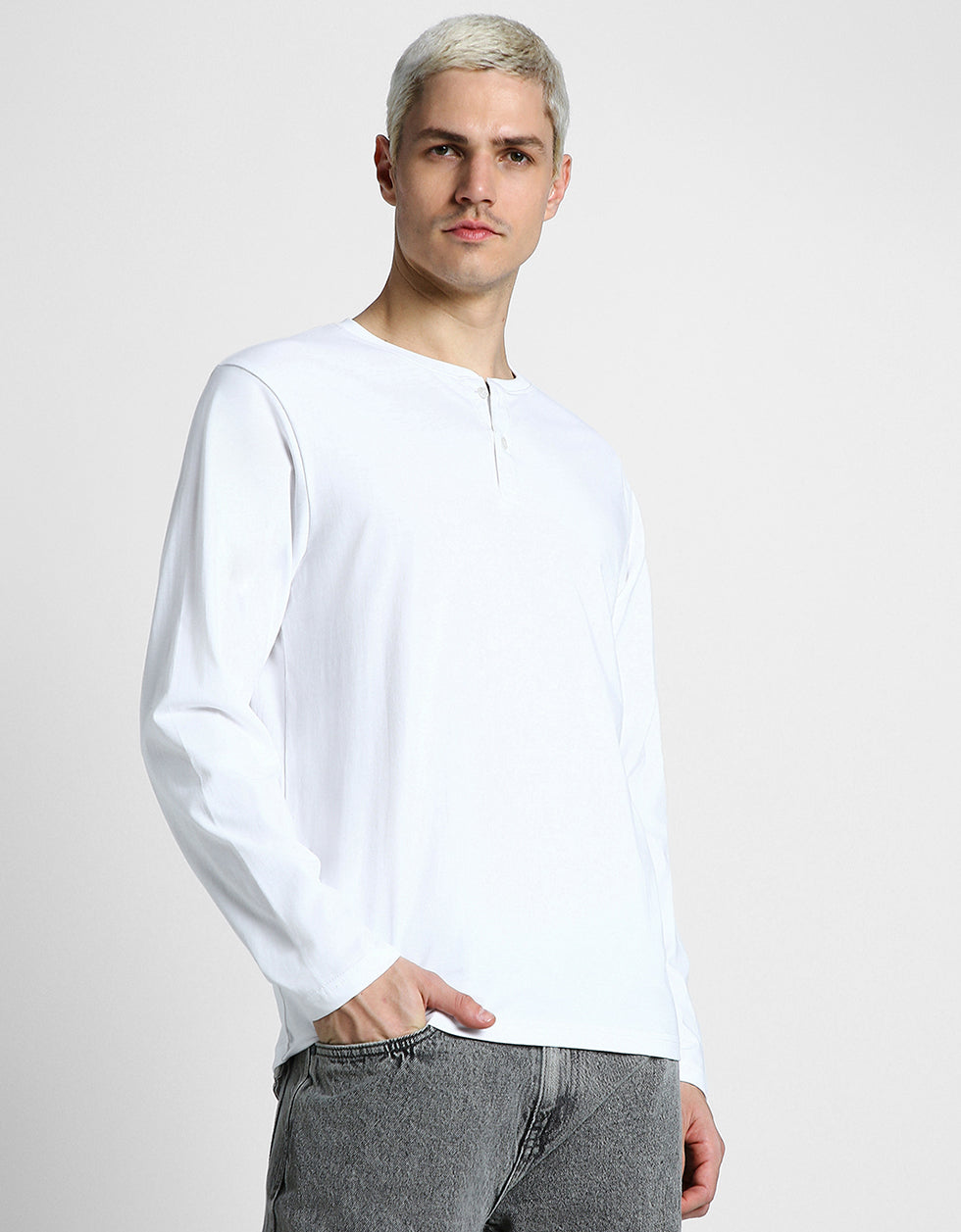Henley White Solid T-shirt