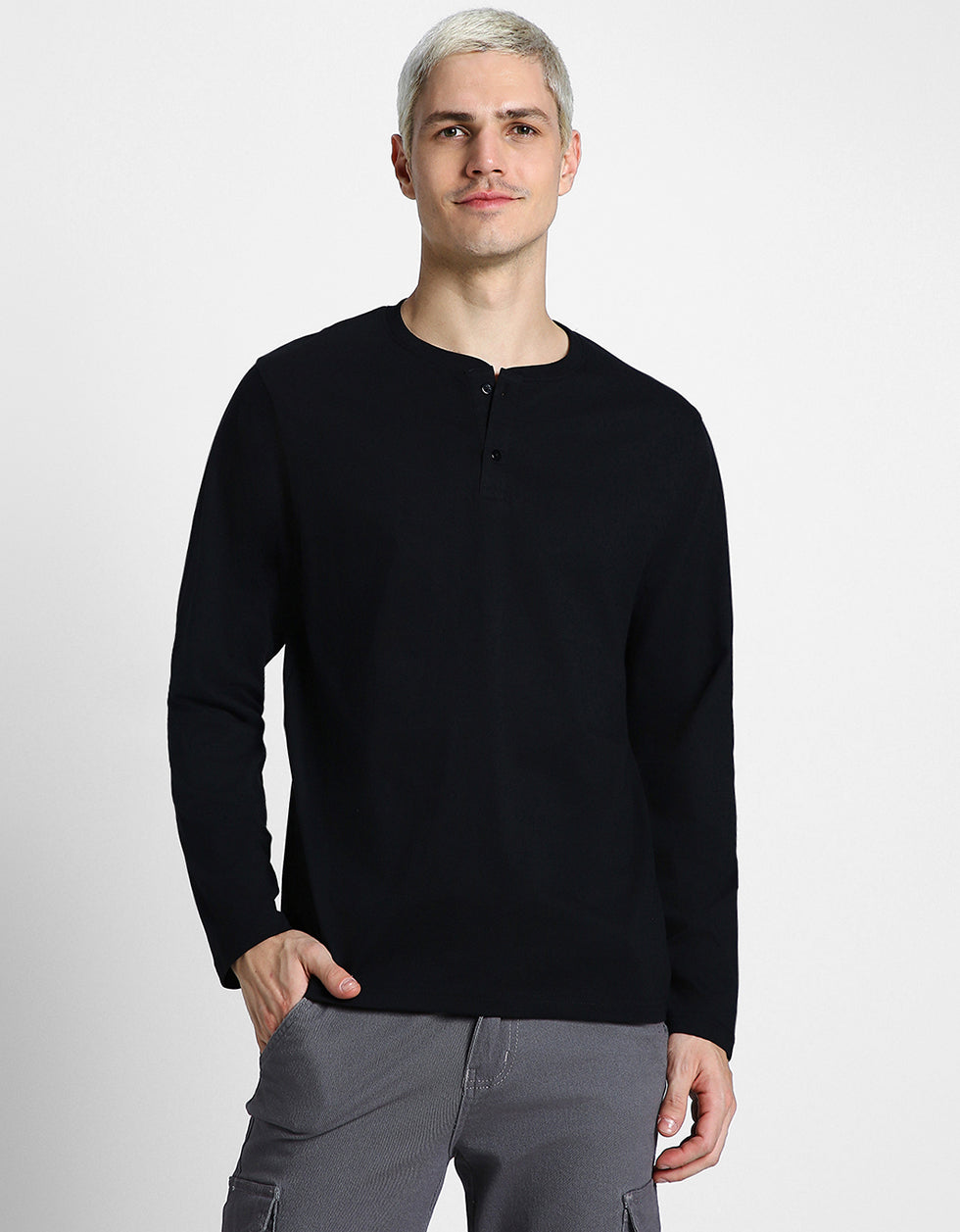 Henley Black Solid T-shirt