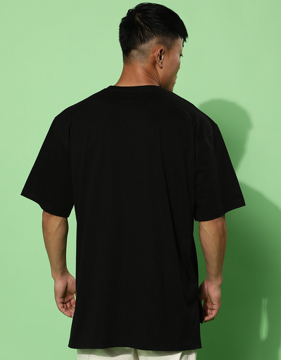 Flower Black Oversized Placement Graphic Printed T-shirt