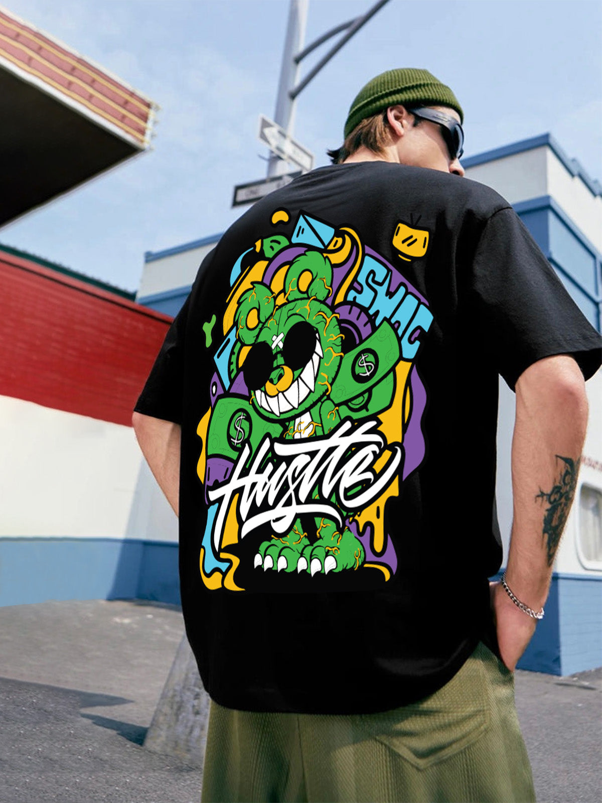 Hustle Black Oversized Back Graphic Printed T-shirt