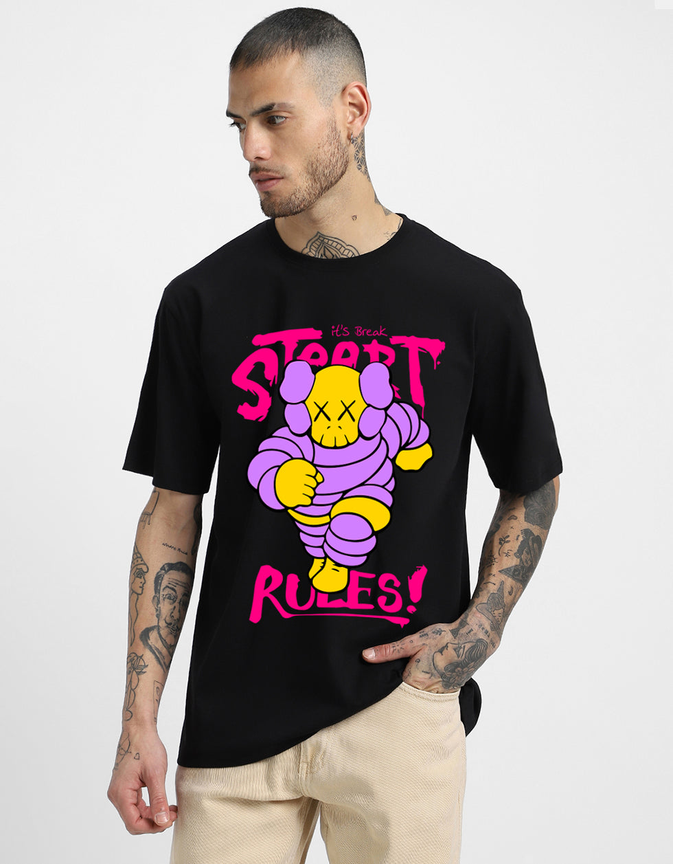 Street Rules Black Oversized Front Graphic Printed T-shirt