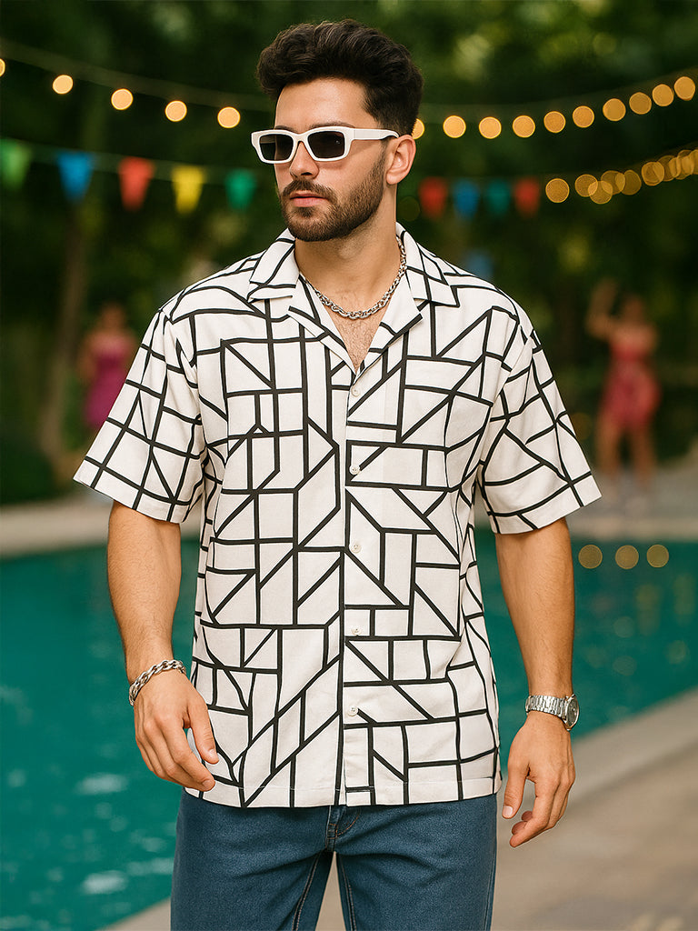 White Camp Collar Printed Oversized Exclusive Shirt