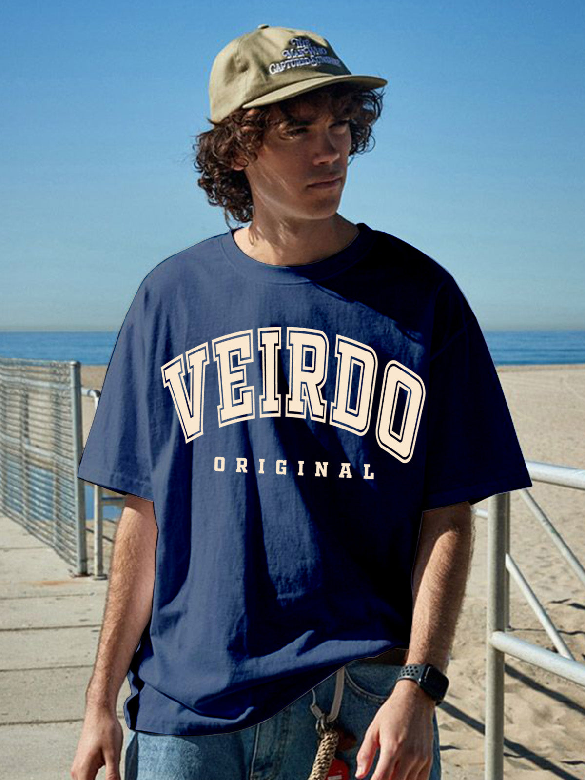 Veirdo Original Navy Oversized Typography Brand Printed T-shirt