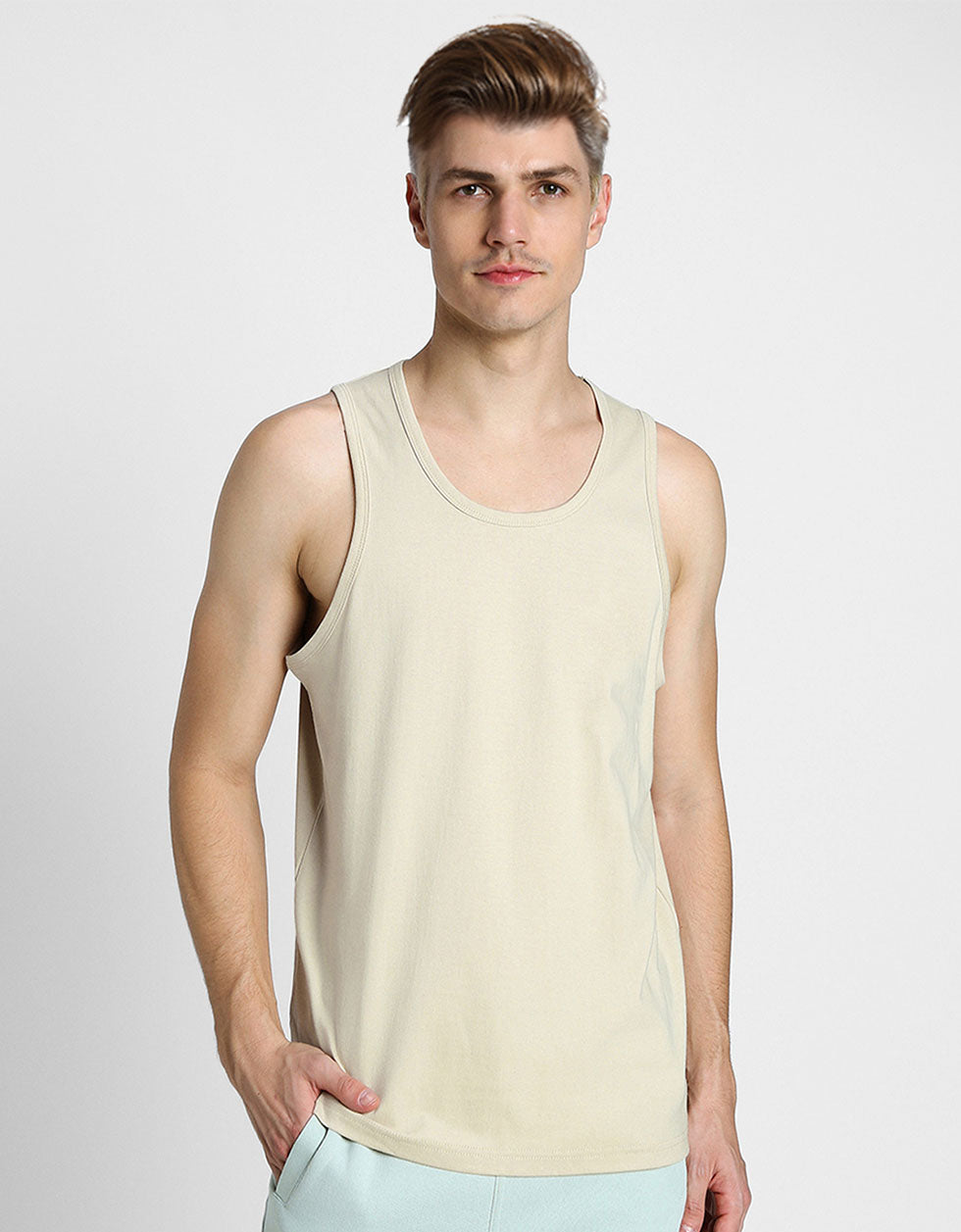 Beige Solid Gym Vest