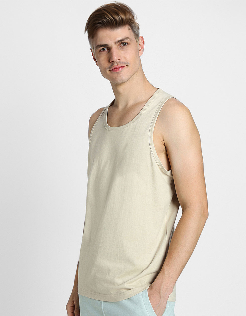 Beige Solid Gym Vest