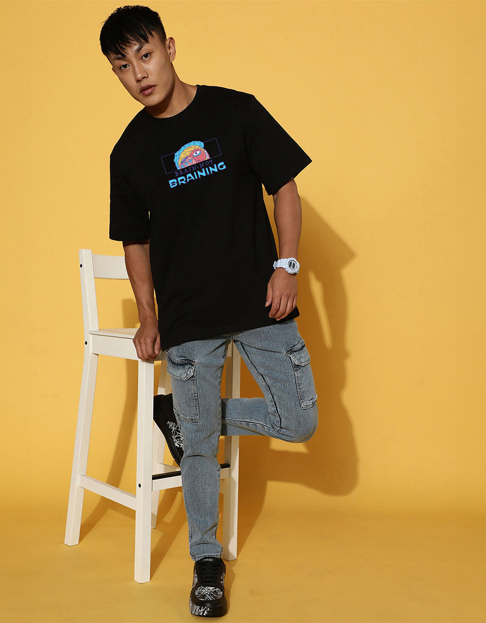 Brain Is Not Braining Black Oversized Printed T-shirt