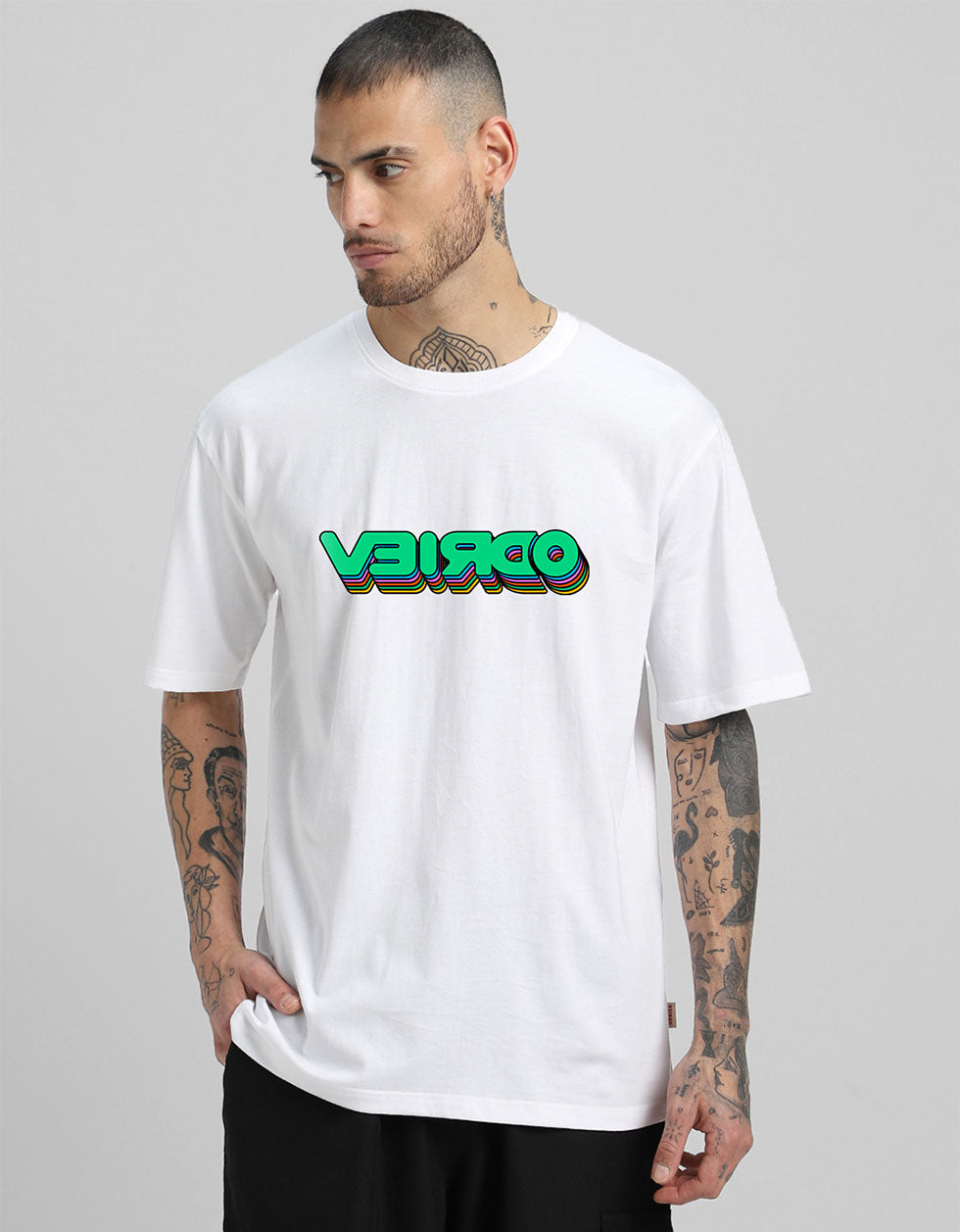 VEIRDO Printed White Men's Front Typographic Printed T-shirt