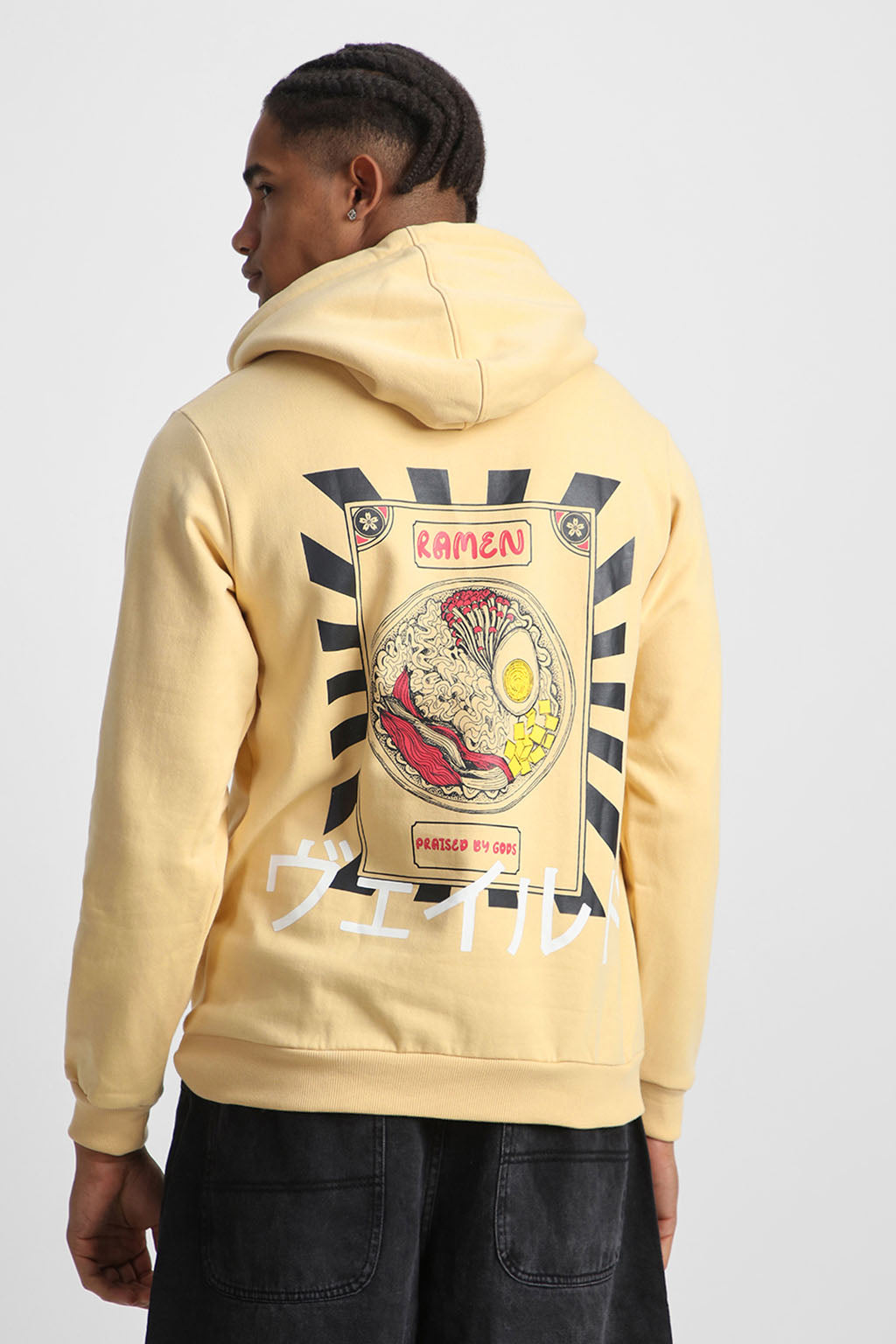 Ramen Beige Regular Fit Back Printed Hoodie