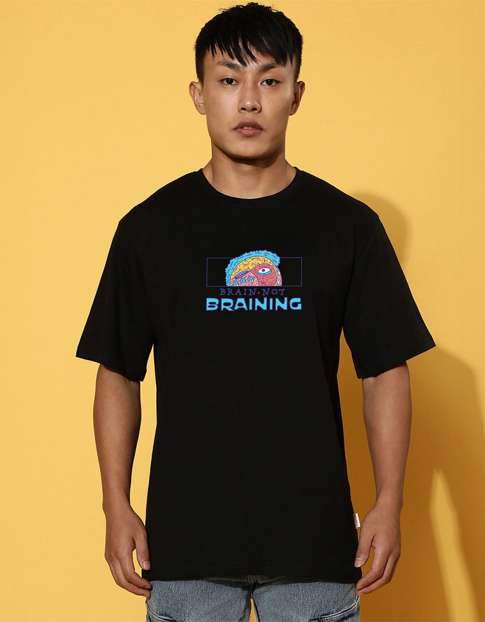 Brain Is Not Braining Black Oversized Printed T-shirt