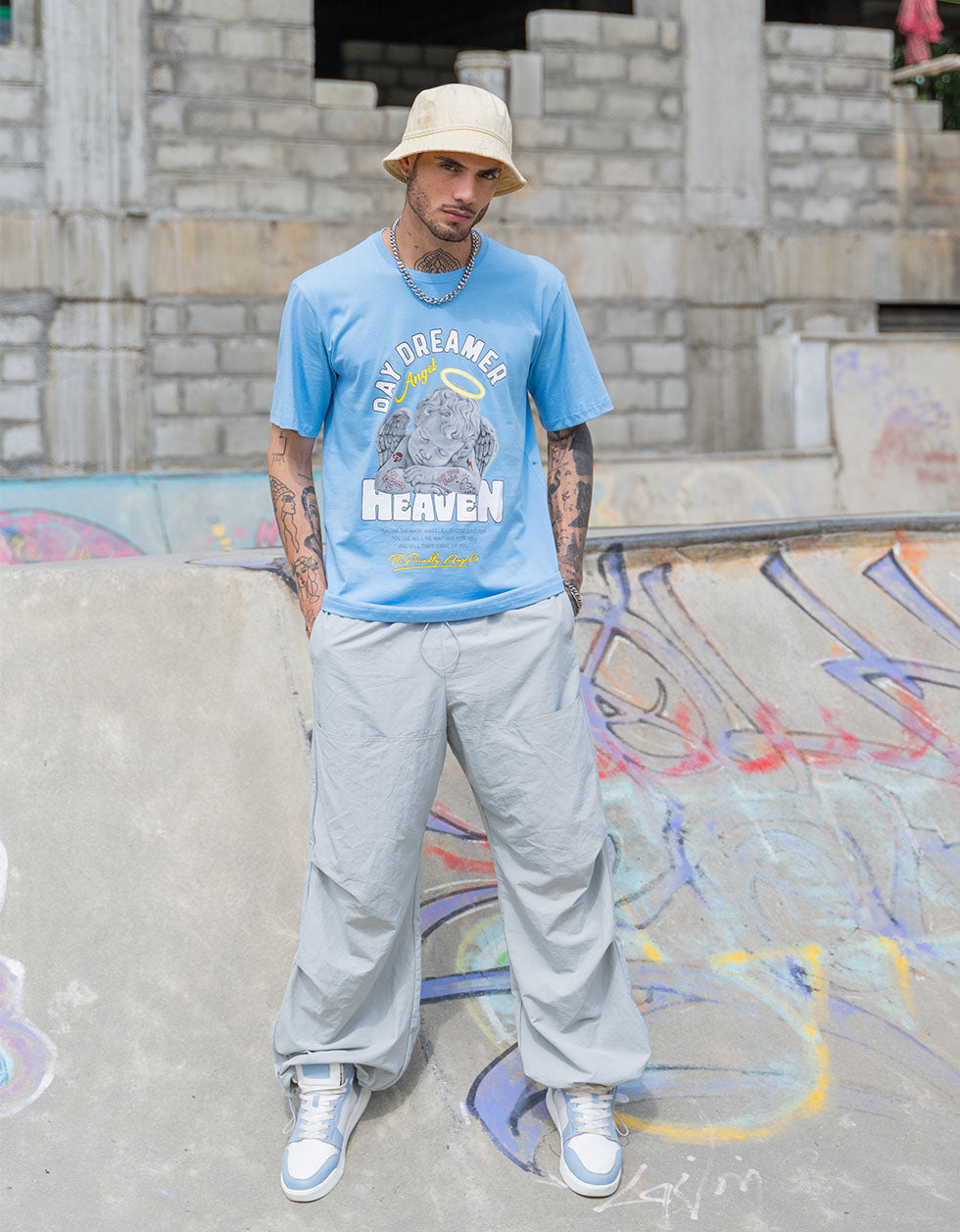 Heaven Blue Oversized Chest Graphic Printed T-shirt