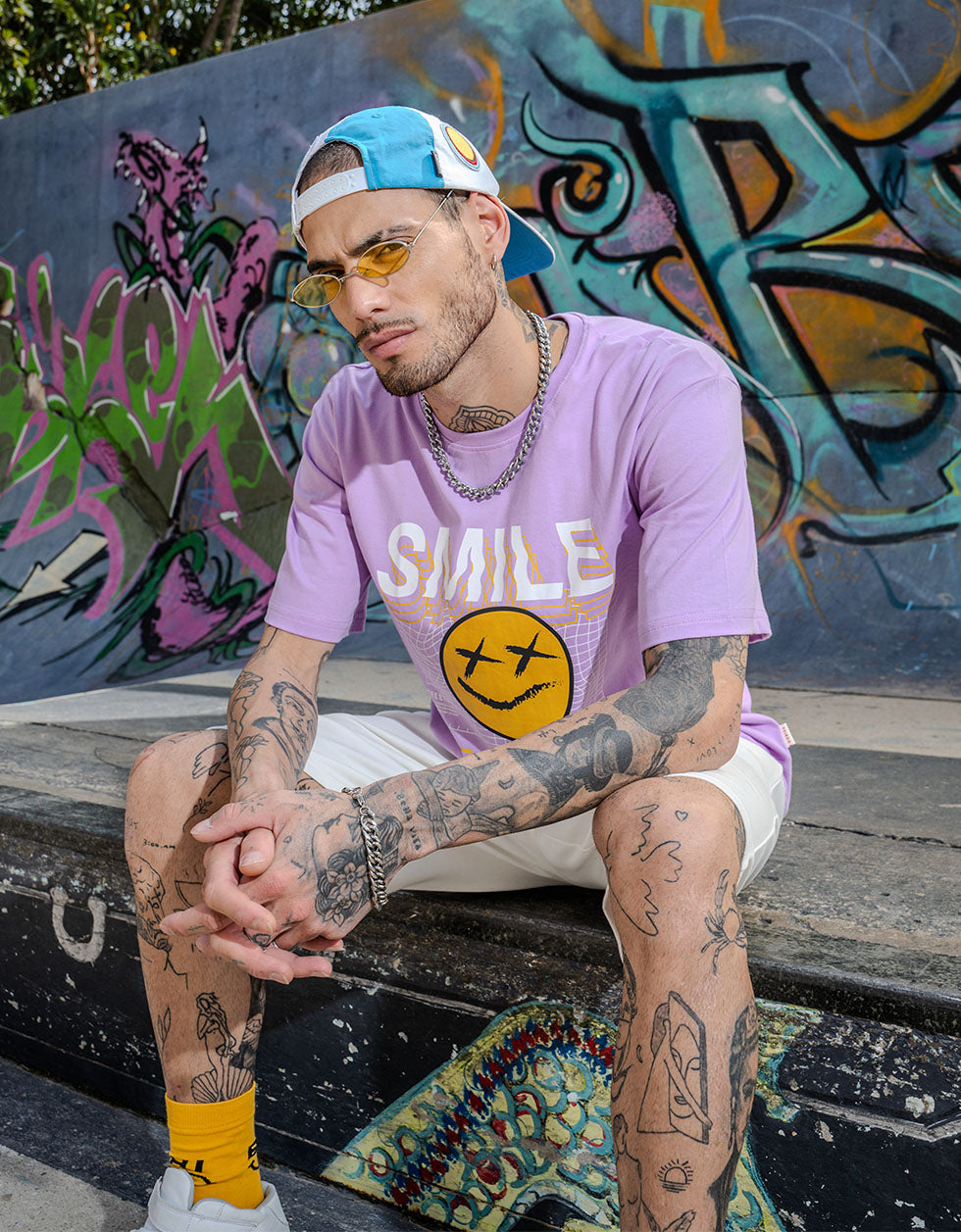 Smile Lilac Oversized Chest Graphic Printed T-shirt