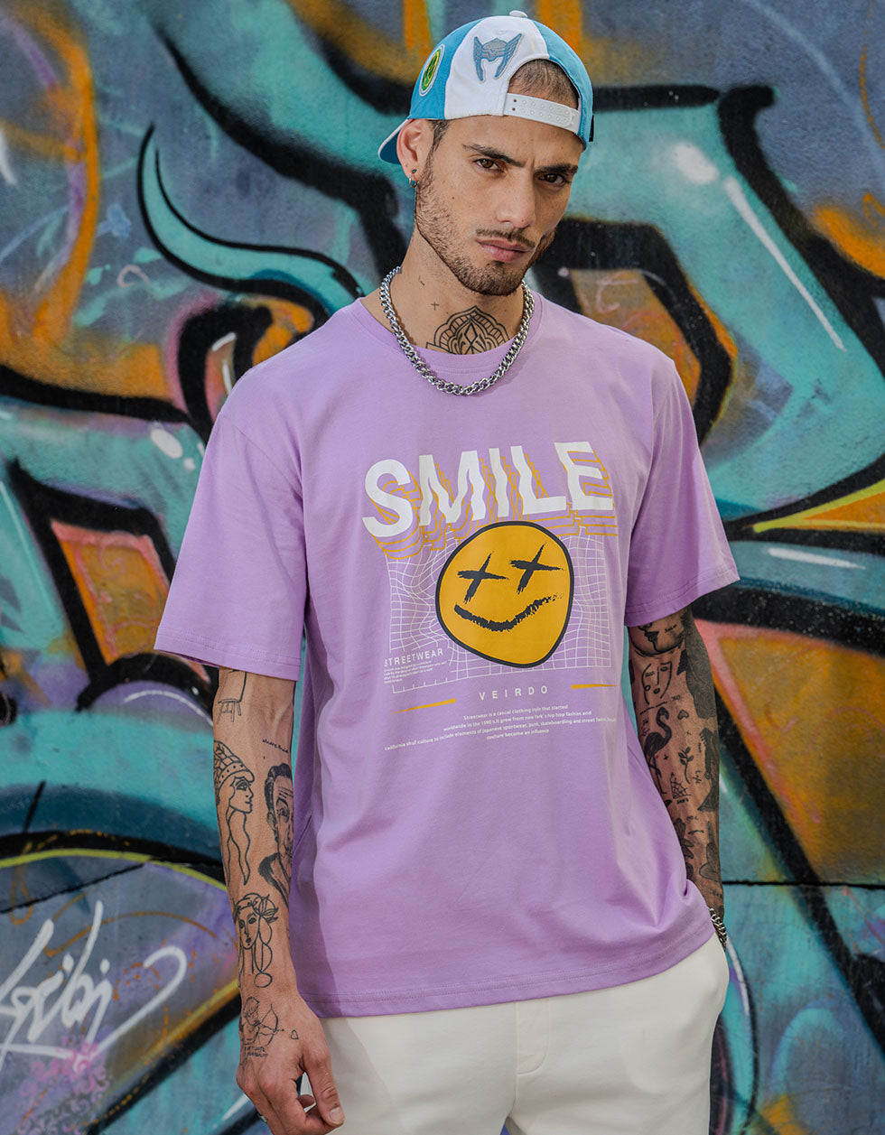 Smile Lilac Oversized Chest Graphic Printed T-shirt