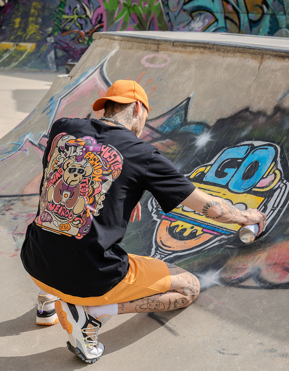 Teddy Black Oversized Back Graphic Printed T-shirt