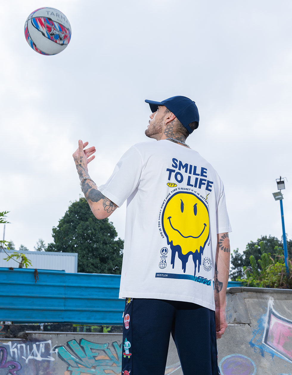 Smile to Life White Oversized Back Graphic Printed T-shirt
