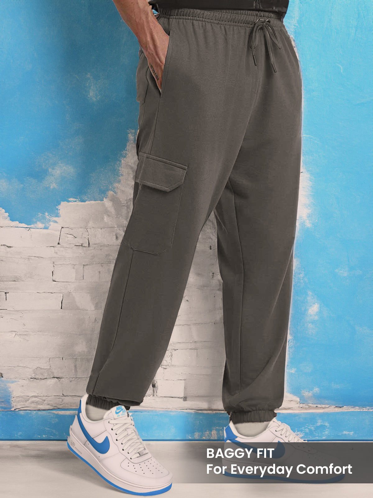 Charcoal Grey Solid Baggy Fit Cargo Joggers