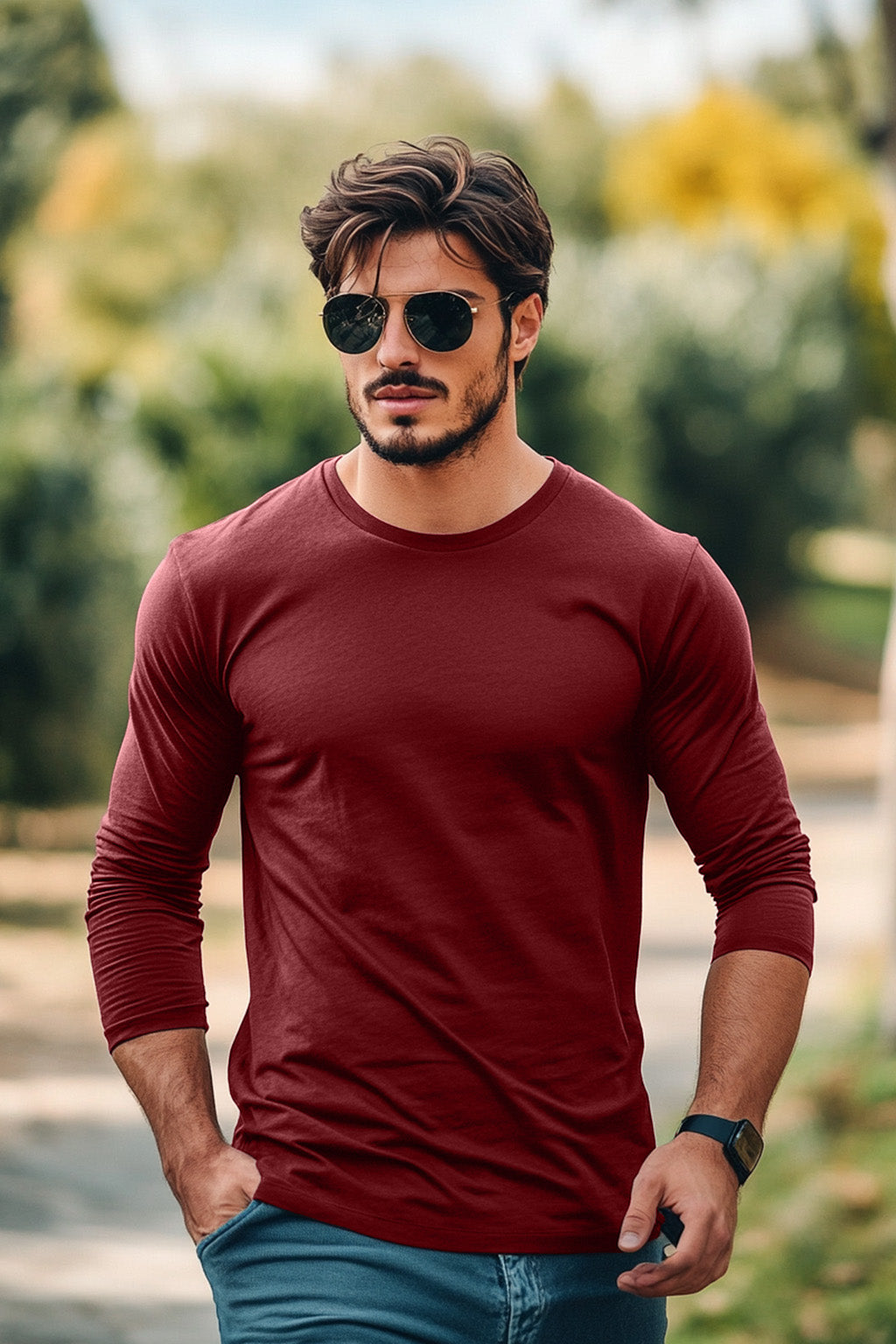 Maroon Plain Full Sleeves Regular Fit T-shirt