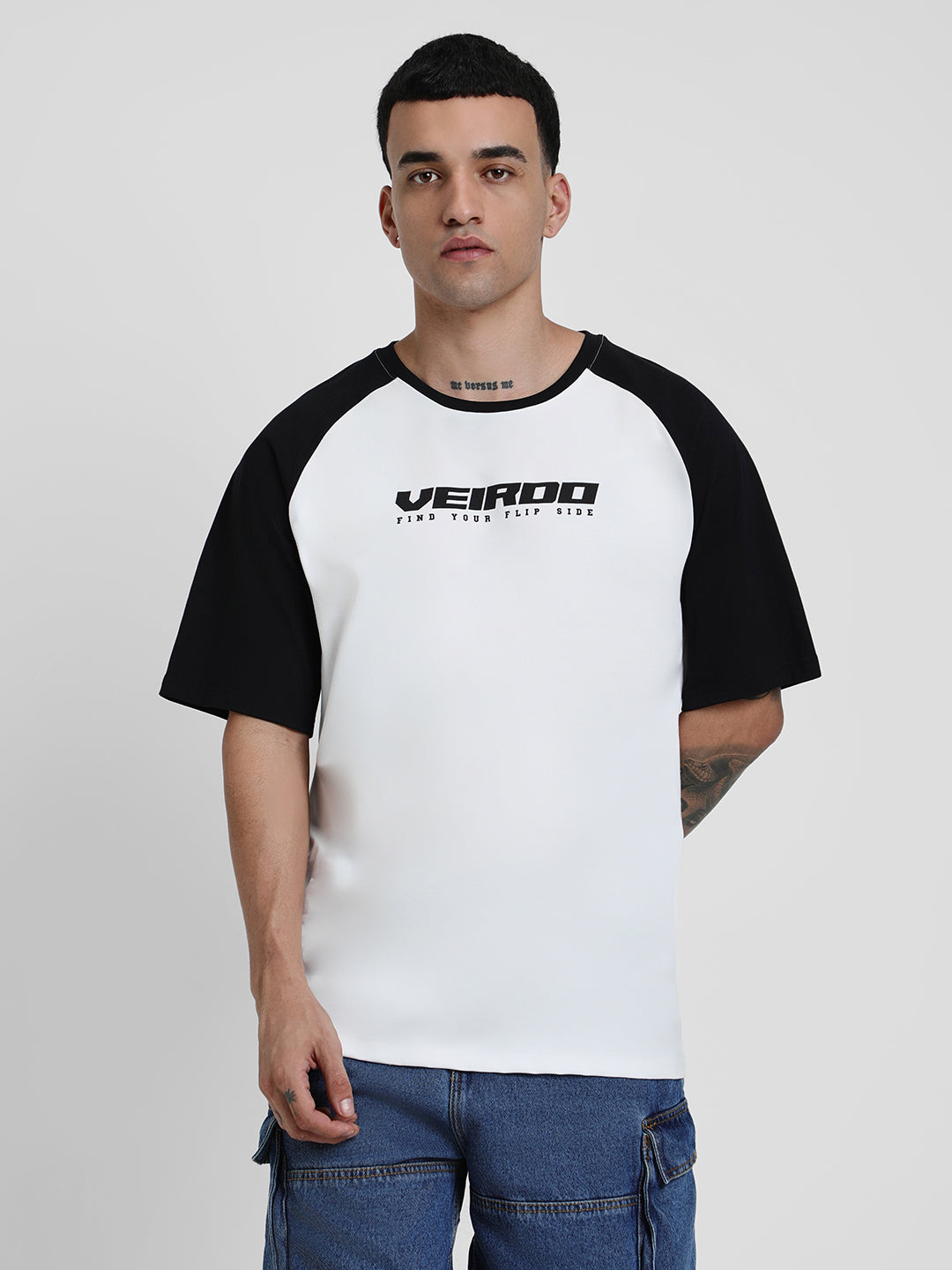 White-Black Raglan Oversized Typography Printed T-shirt