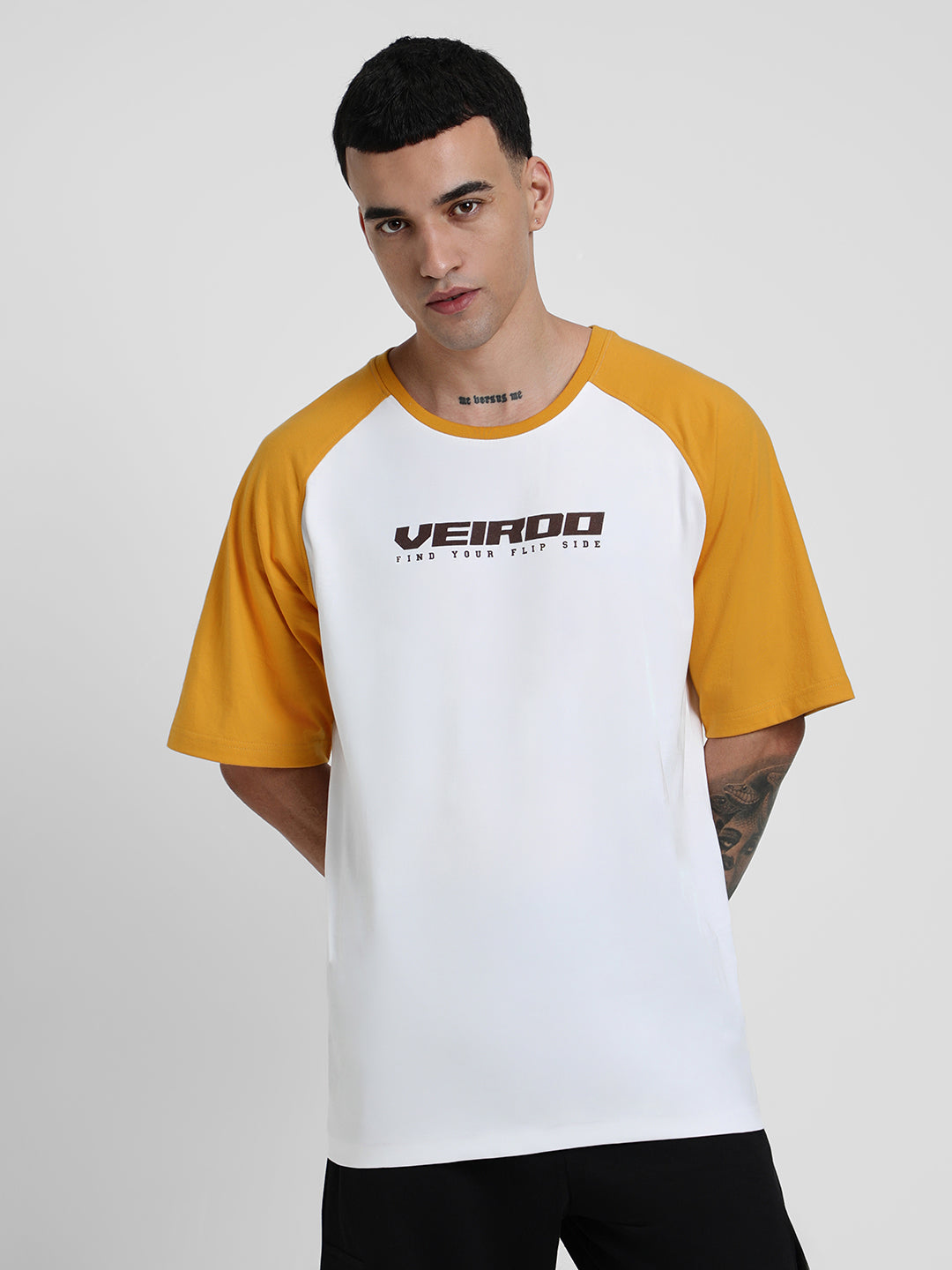 White-Yellow Raglan Oversized Typography Printed T-shirt