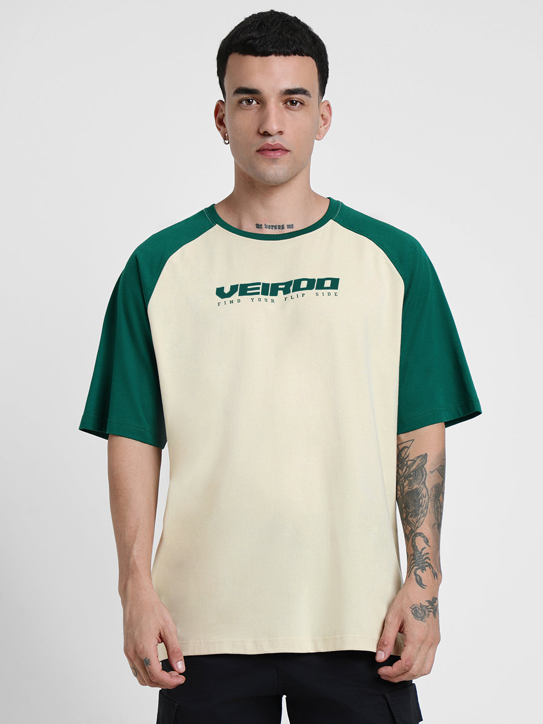 Swanwhite-Bottle Green Raglan Oversized Typography Printed T-shirt