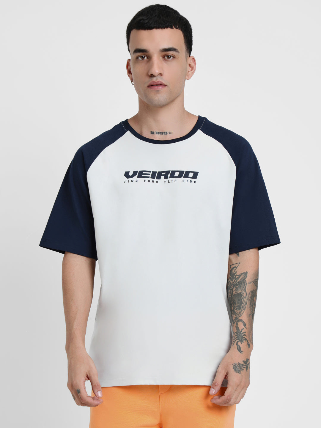 Grey-Navy Raglan Oversized Typography Printed T-shirt