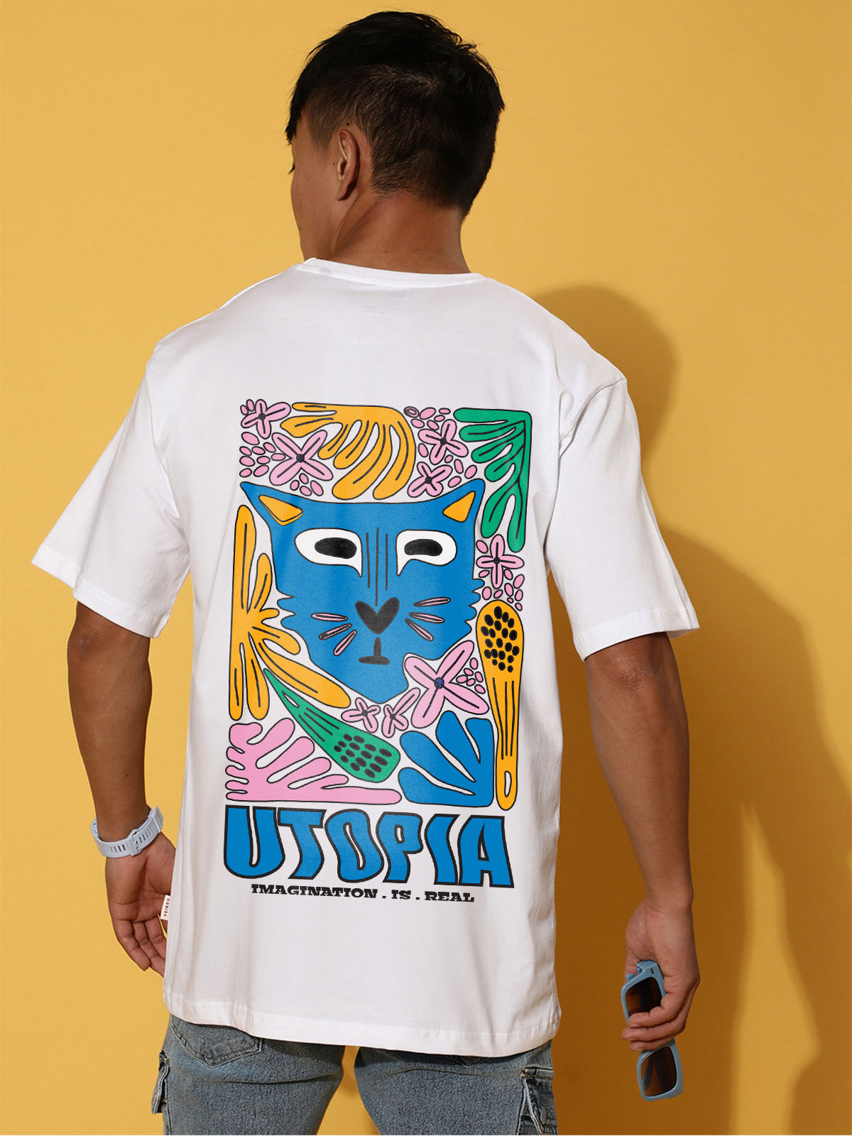 UTOPIA White Oversized Graphic Back Printed T-shirt