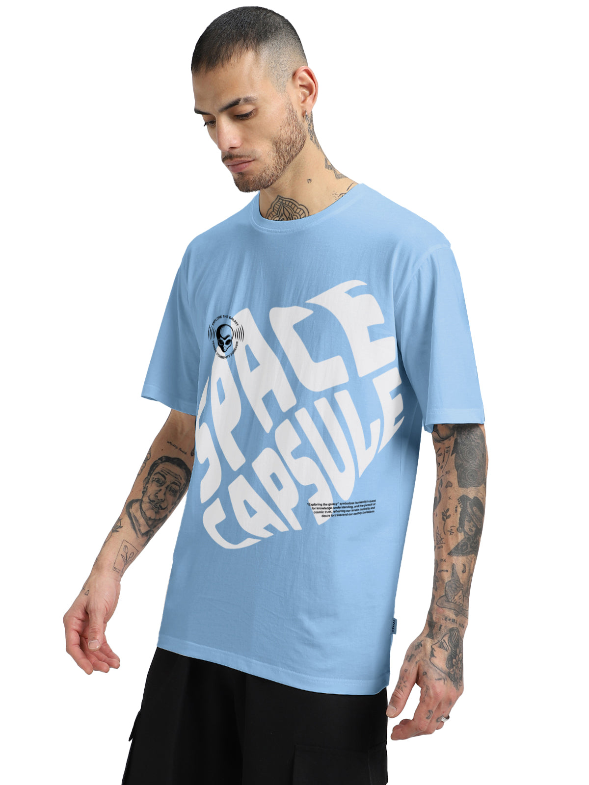 SPACE CAPSULE Blue Oversized Front Graphic Printed T-shirt